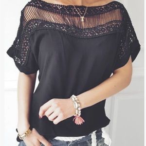 YOINS Scoop Pure Color Perspective Short Sleeves T-shirt- Black size Small
